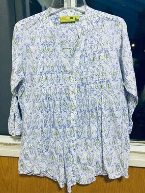 Rock Flower Paper Cotton Pintuck Tunic Blouse Large Blue Green Floral